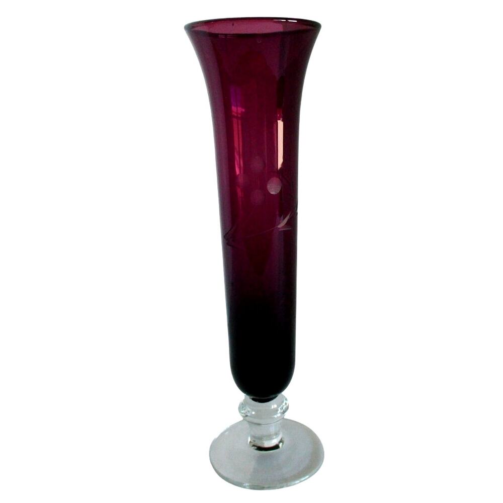 Vintage 8" Purple Etched Flowers Glass Bud Vase